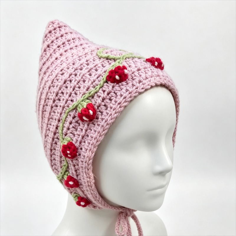Knit Beanie Hat Warm - Handmade Crochet Colorful Strawberry Pixie Bonnet