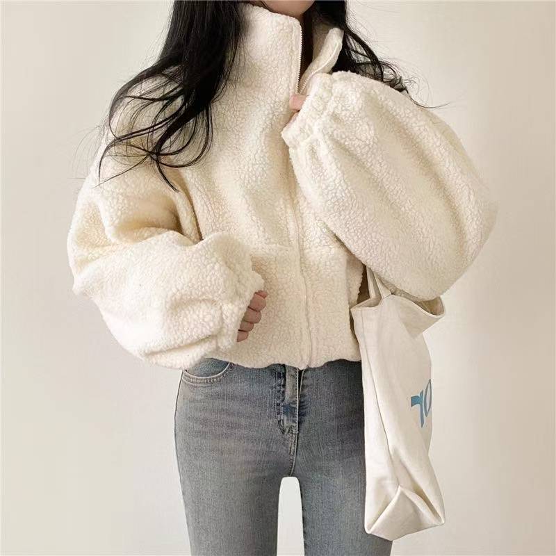 Women Stand Collar Cropped Zip - Sherpa Hoodie Fleece review and price